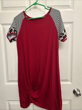 Red Knit Dress with Striped and Leopard Sleeve Accents